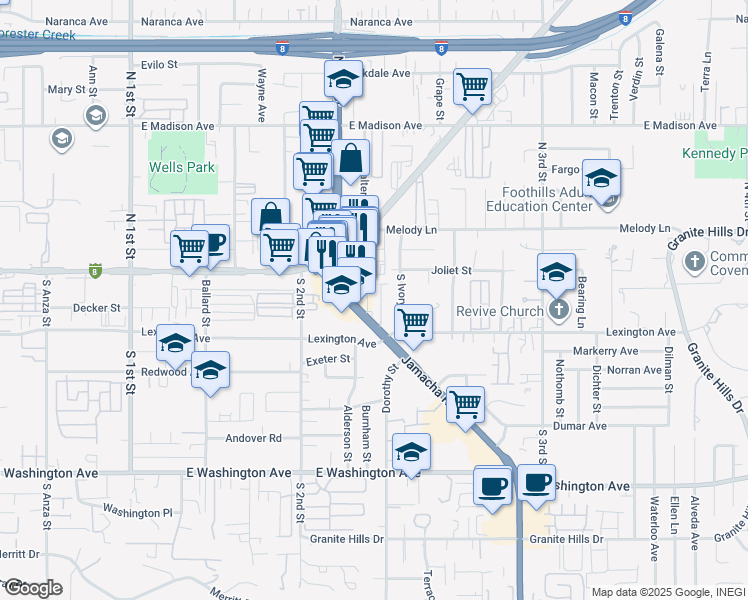 map of restaurants, bars, coffee shops, grocery stores, and more near 22 Melody Lane in El Cajon