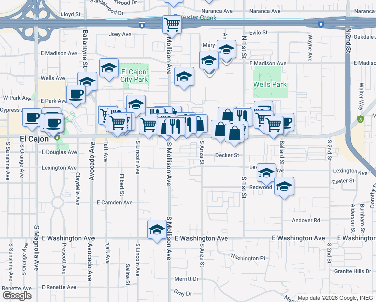 map of restaurants, bars, coffee shops, grocery stores, and more near 150 South Anza Street in El Cajon