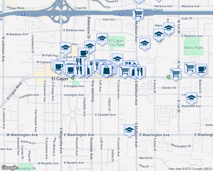 map of restaurants, bars, coffee shops, grocery stores, and more near 575 East Main Street in El Cajon