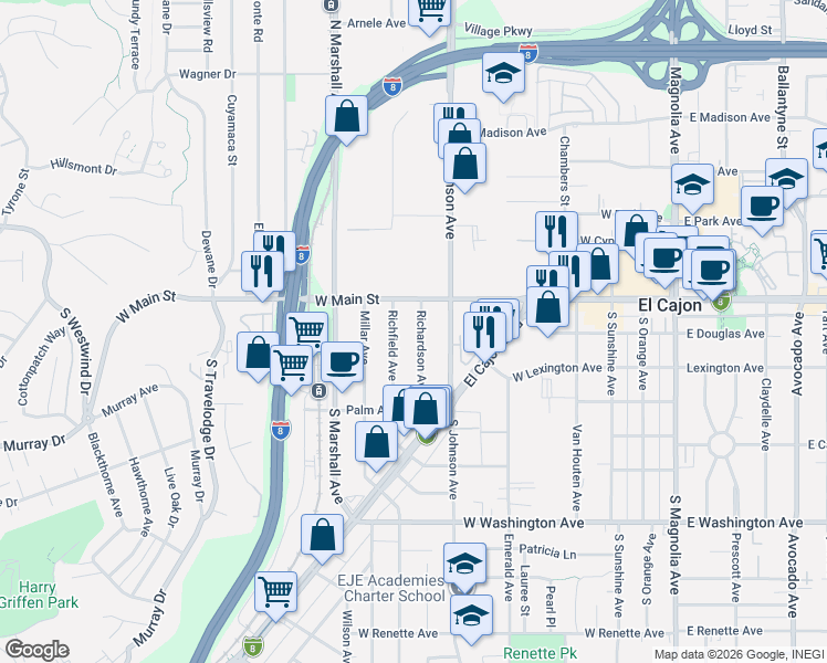 map of restaurants, bars, coffee shops, grocery stores, and more near 121 Richfield Avenue in El Cajon