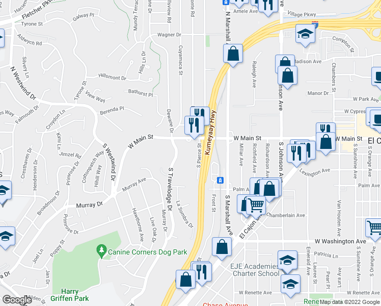 map of restaurants, bars, coffee shops, grocery stores, and more near 1245 West Main Street in El Cajon