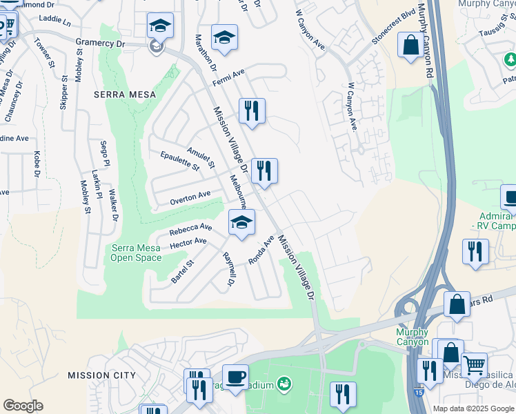 map of restaurants, bars, coffee shops, grocery stores, and more near 2696 Mission Village Drive in San Diego