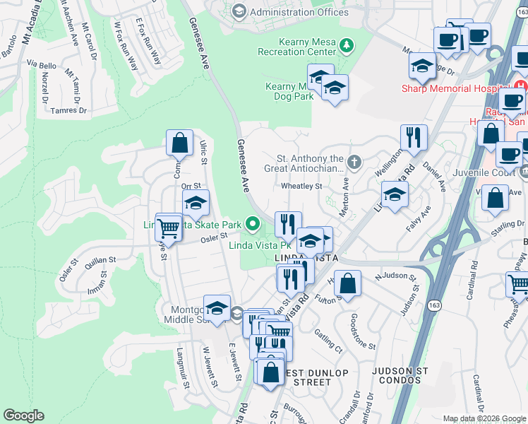 map of restaurants, bars, coffee shops, grocery stores, and more near 7033 Osler Street in San Diego