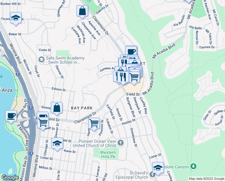 map of restaurants, bars, coffee shops, grocery stores, and more near 3010 Clairemont Drive in San Diego