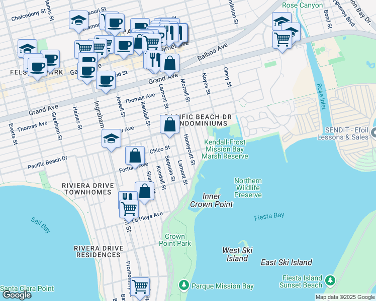 map of restaurants, bars, coffee shops, grocery stores, and more near 4036 Honeycutt Street in San Diego