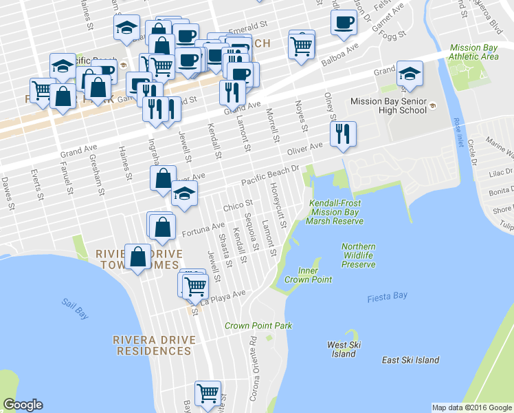 map of restaurants, bars, coffee shops, grocery stores, and more near 4065 Sequoia Street in San Diego