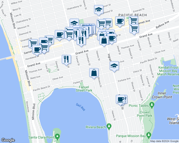 map of restaurants, bars, coffee shops, grocery stores, and more near 4211 Gresham Street in San Diego