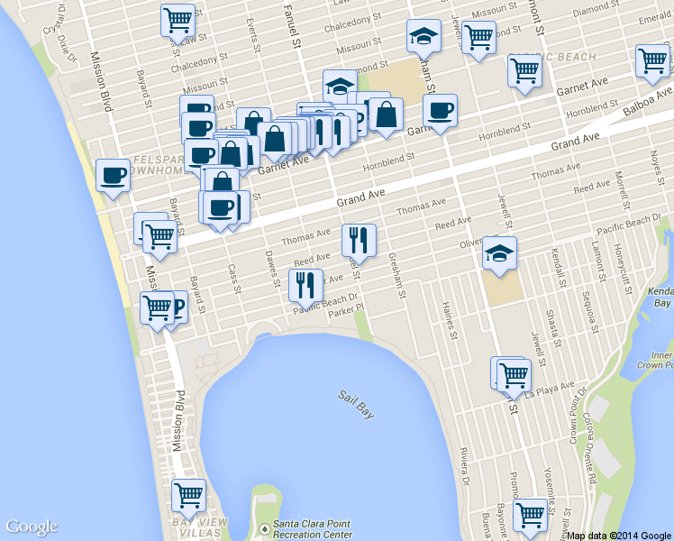 map of restaurants, bars, coffee shops, grocery stores, and more near 1239 Reed Avenue in San Diego