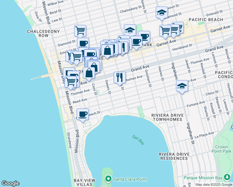 map of restaurants, bars, coffee shops, grocery stores, and more near 1170 Reed Avenue in San Diego