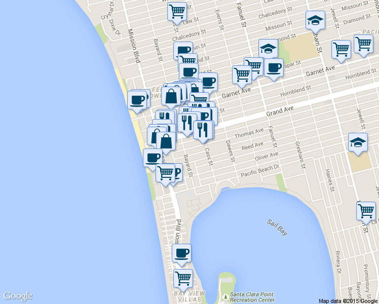 map of restaurants, bars, coffee shops, grocery stores, and more near 930 Thomas Avenue in San Diego
