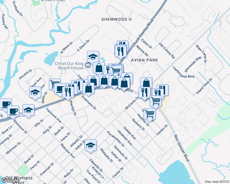 map of restaurants, bars, coffee shops, grocery stores, and more near 1220 Ben Sawyer Boulevard in Mount Pleasant