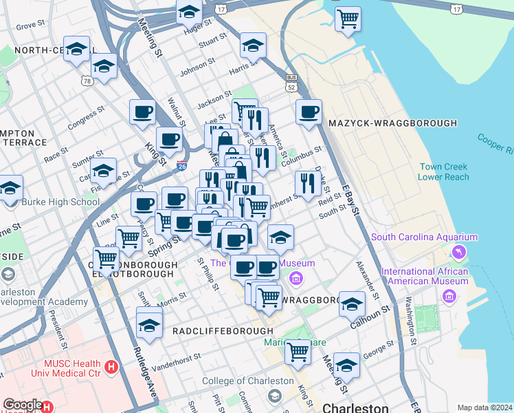 map of restaurants, bars, coffee shops, grocery stores, and more near 52 Nassau Street in Charleston