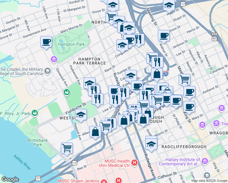 map of restaurants, bars, coffee shops, grocery stores, and more near 4 Larnes Street in Charleston