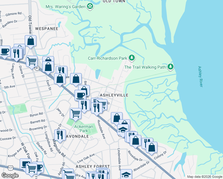 map of restaurants, bars, coffee shops, grocery stores, and more near 828 5th Avenue in Charleston