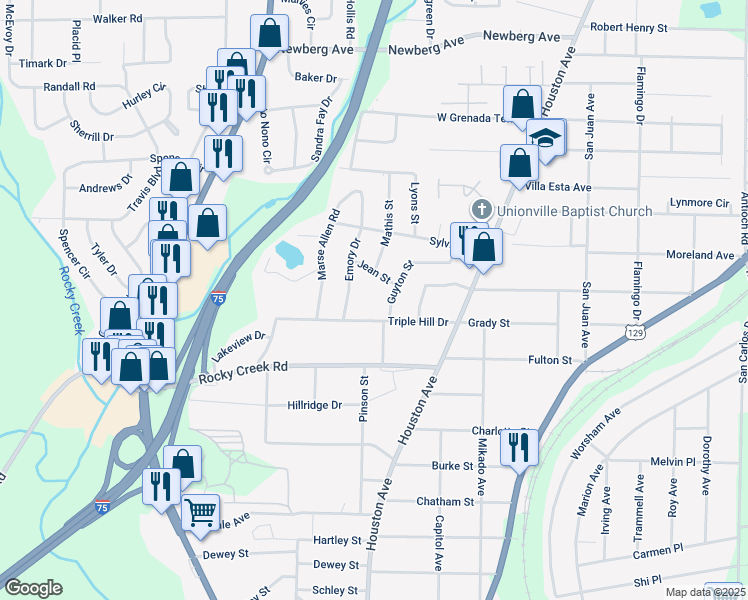 map of restaurants, bars, coffee shops, grocery stores, and more near 1110 Jean Street in Macon
