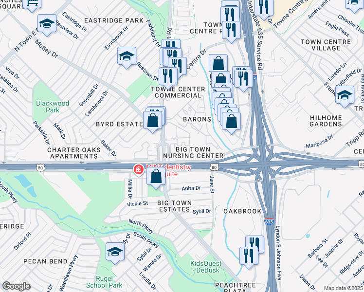map of restaurants, bars, coffee shops, grocery stores, and more near 2180 Gus Thomasson Road in Mesquite