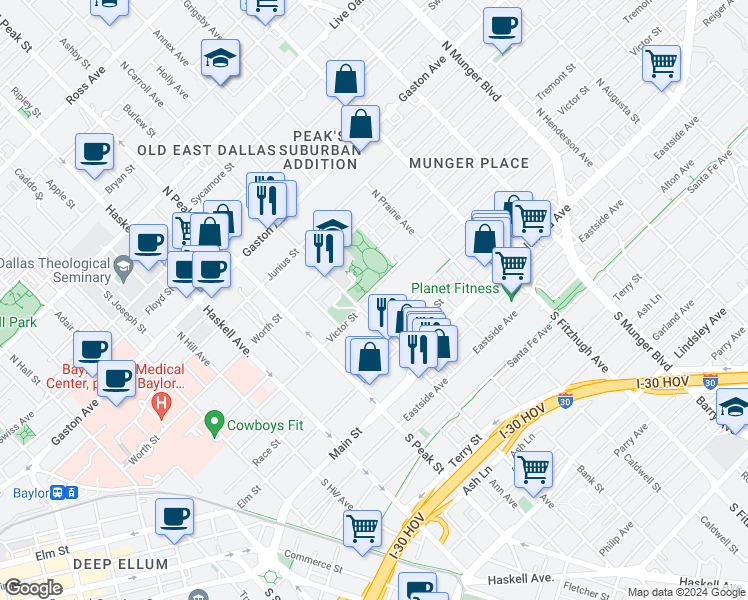 map of restaurants, bars, coffee shops, grocery stores, and more near 4526 Victor Street in Dallas