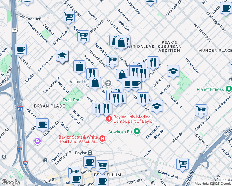 map of restaurants, bars, coffee shops, grocery stores, and more near 4022 Swiss Avenue in Dallas
