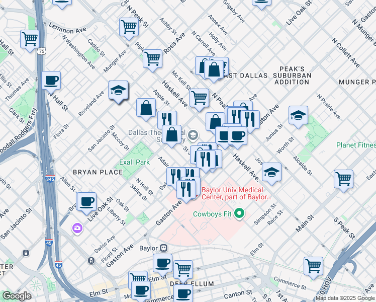 map of restaurants, bars, coffee shops, grocery stores, and more near 3909 Swiss Avenue in Dallas