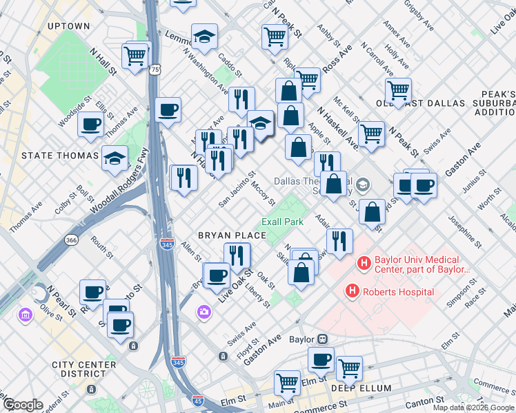 map of restaurants, bars, coffee shops, grocery stores, and more near 1420 Mccoy Street in Dallas