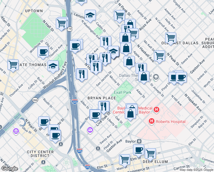 map of restaurants, bars, coffee shops, grocery stores, and more near 3235 Basil Court in Dallas