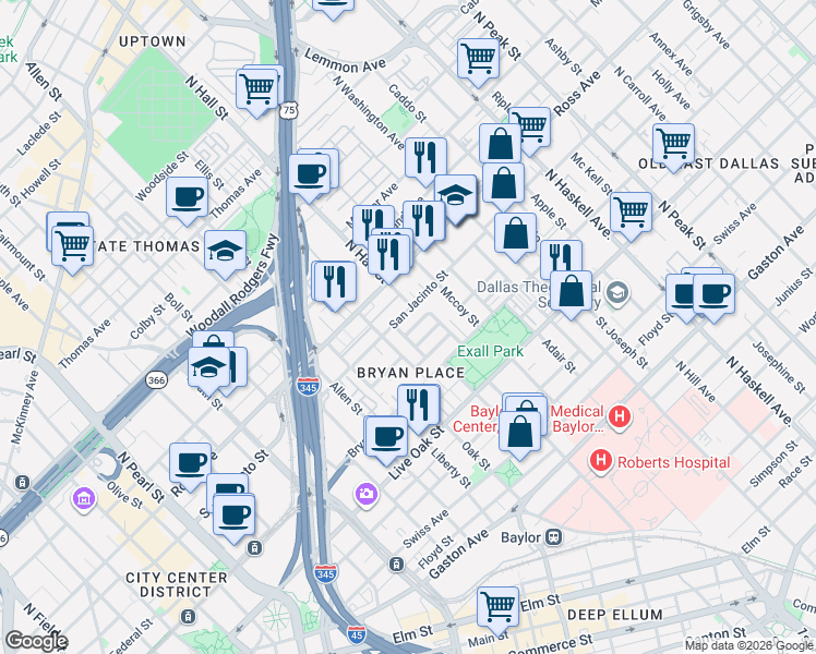 map of restaurants, bars, coffee shops, grocery stores, and more near 3219 San Jacinto Street in Dallas