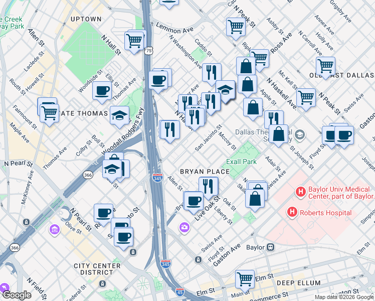 map of restaurants, bars, coffee shops, grocery stores, and more near 3219 San Jacinto Street in Dallas