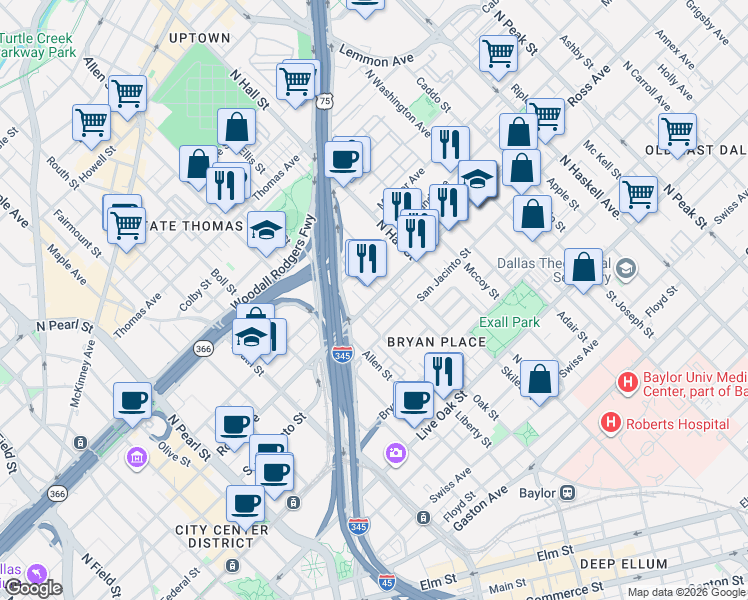 map of restaurants, bars, coffee shops, grocery stores, and more near in Dallas
