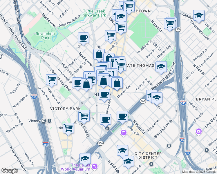 map of restaurants, bars, coffee shops, grocery stores, and more near 200 Crescent Court in Dallas