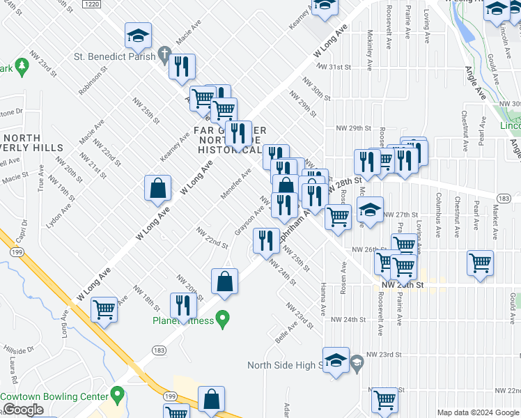 map of restaurants, bars, coffee shops, grocery stores, and more near 2500 Northwest 26th Street in Fort Worth