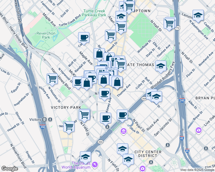 map of restaurants, bars, coffee shops, grocery stores, and more near 200 Crescent Court in Dallas
