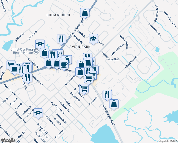 map of restaurants, bars, coffee shops, grocery stores, and more near 1421 Shucker Circle in Mount Pleasant