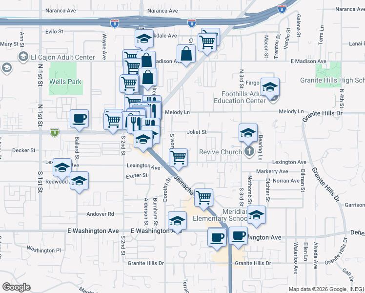 map of restaurants, bars, coffee shops, grocery stores, and more near 1388 Kristie Lane in El Cajon