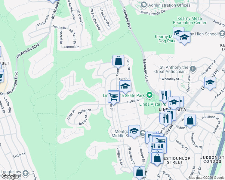 map of restaurants, bars, coffee shops, grocery stores, and more near 2857 Comstock Street in San Diego