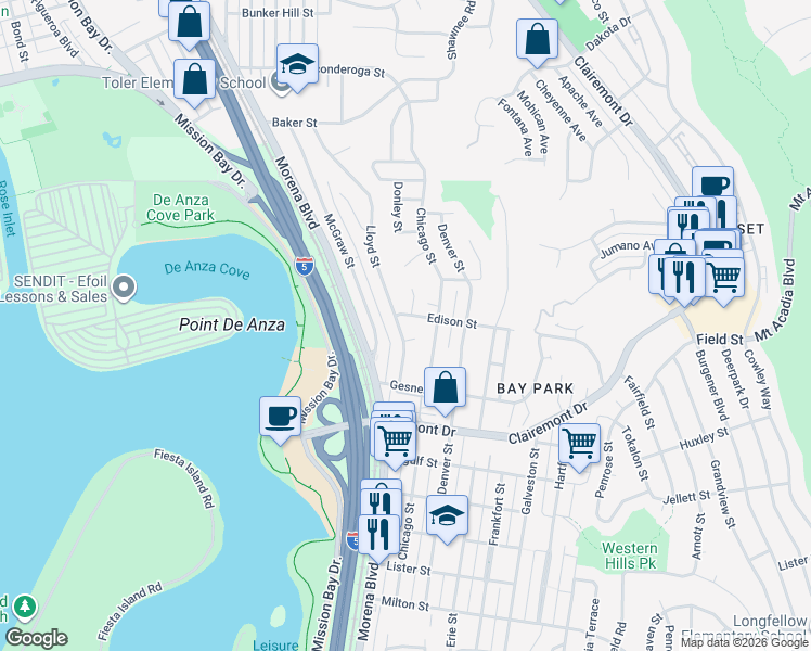 map of restaurants, bars, coffee shops, grocery stores, and more near 2935 Lloyd Street in San Diego
