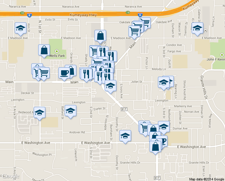 map of restaurants, bars, coffee shops, grocery stores, and more near 22 Melody Lane in El Cajon