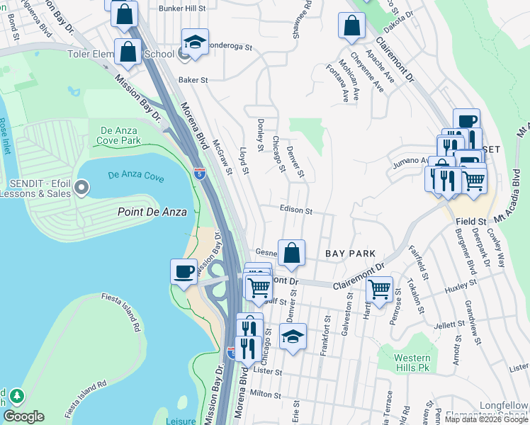 map of restaurants, bars, coffee shops, grocery stores, and more near 2935 Lloyd Street in San Diego