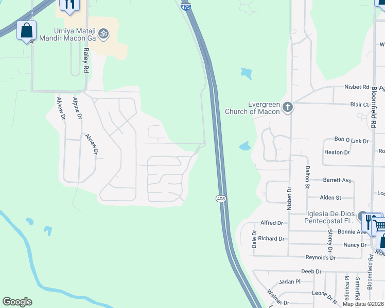 map of restaurants, bars, coffee shops, grocery stores, and more near Fausett Drive in Macon