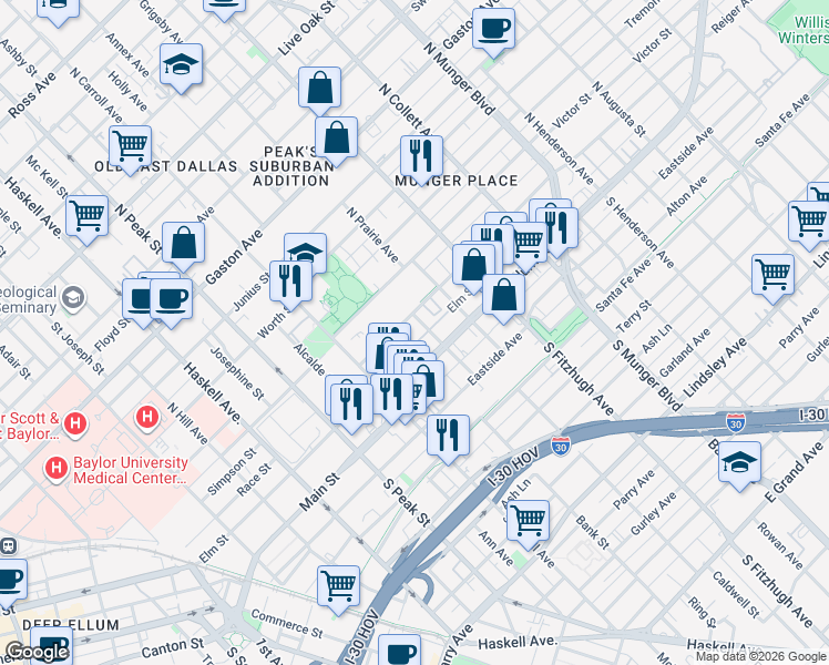 map of restaurants, bars, coffee shops, grocery stores, and more near 4618 Reiger Avenue in Dallas