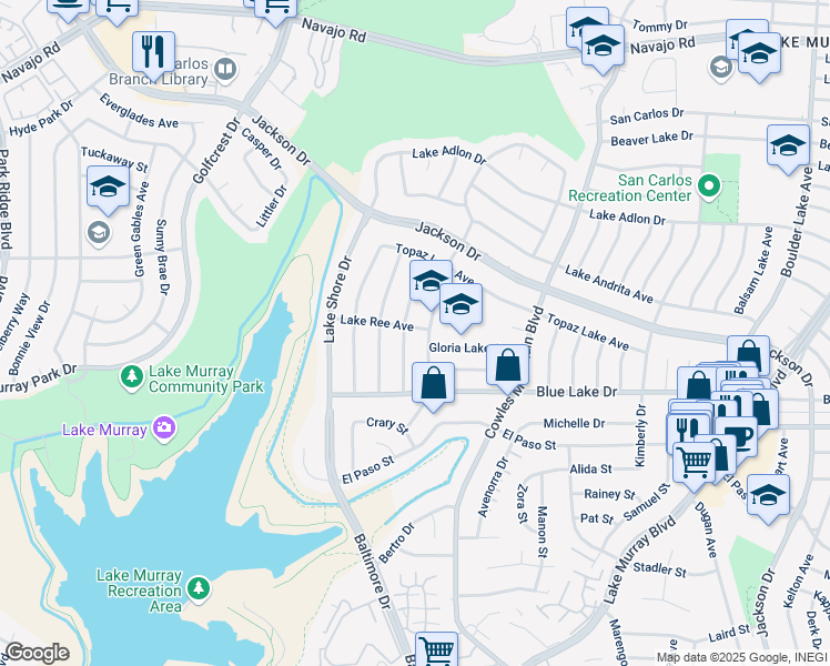 map of restaurants, bars, coffee shops, grocery stores, and more near 6254 Twin Lake Drive in San Diego