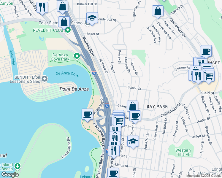 map of restaurants, bars, coffee shops, grocery stores, and more near 2946 McGraw Street in San Diego