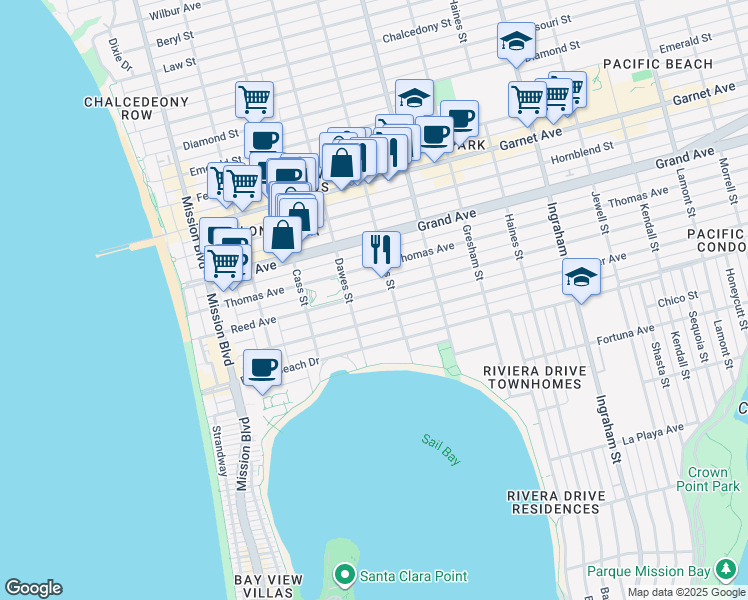 map of restaurants, bars, coffee shops, grocery stores, and more near 1170 Reed Avenue in San Diego