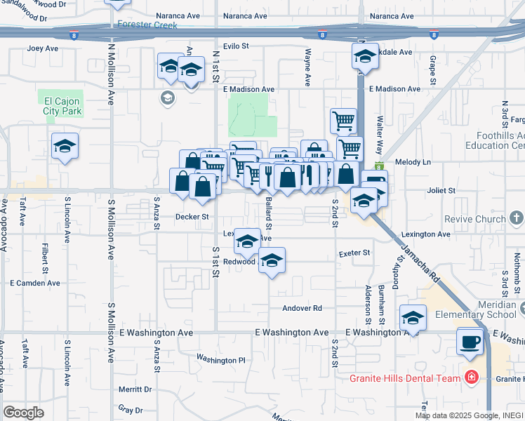 map of restaurants, bars, coffee shops, grocery stores, and more near 1185 East Main Street in El Cajon