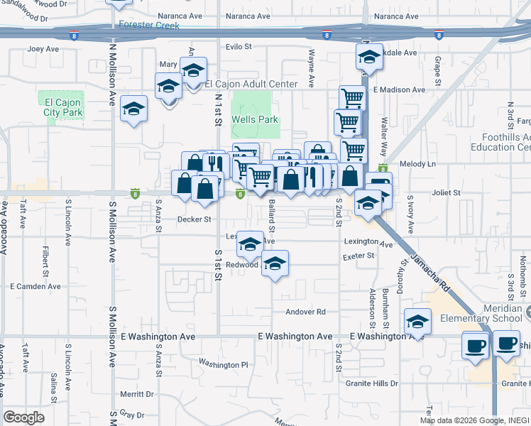 map of restaurants, bars, coffee shops, grocery stores, and more near 1168 Decker Street in El Cajon