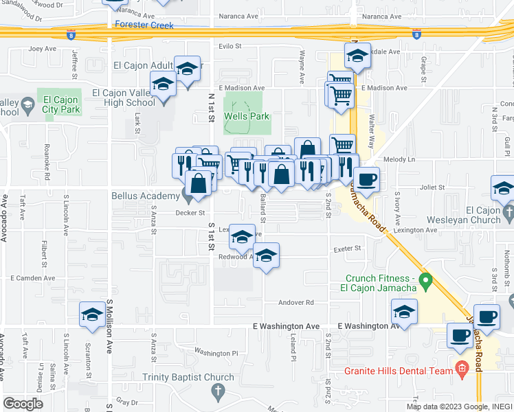 map of restaurants, bars, coffee shops, grocery stores, and more near 1166 Decker Street in El Cajon