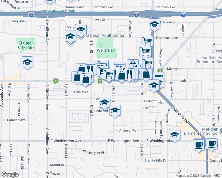 map of restaurants, bars, coffee shops, grocery stores, and more near 1168 Decker Street in El Cajon