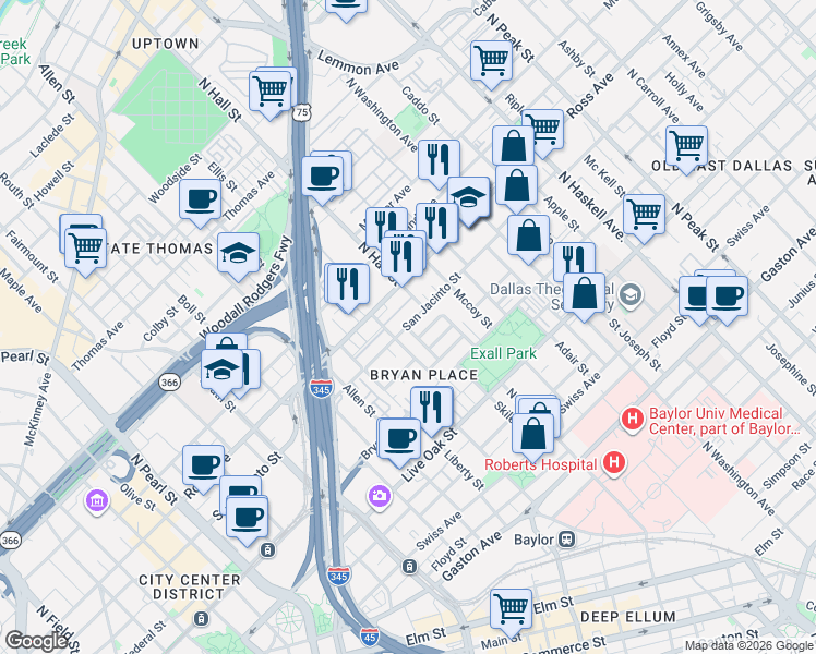 map of restaurants, bars, coffee shops, grocery stores, and more near 3219 San Jacinto Street in Dallas