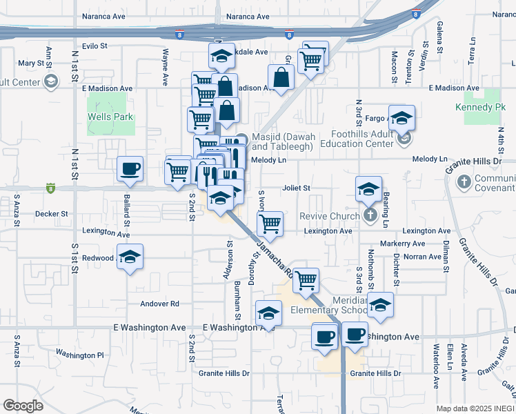map of restaurants, bars, coffee shops, grocery stores, and more near 129 South Ivory Avenue in El Cajon