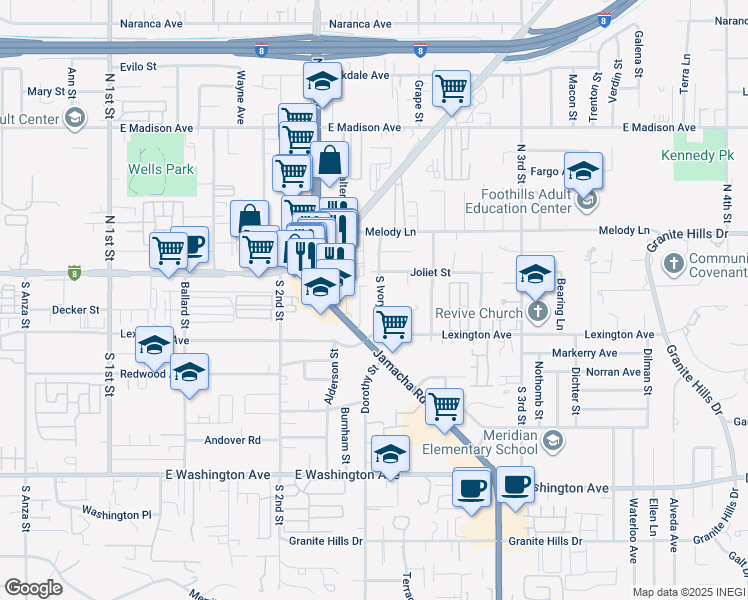 map of restaurants, bars, coffee shops, grocery stores, and more near 22 Melody Lane in El Cajon