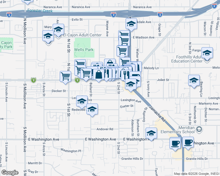 map of restaurants, bars, coffee shops, grocery stores, and more near 1261 East Main Street in El Cajon